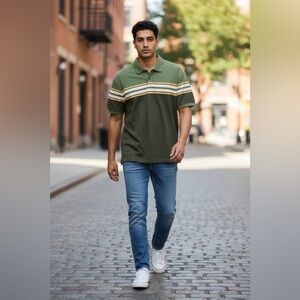 Banana Republic Green Olive Green Yellow Striped Cotton Short Sleeve Polo sz XXL